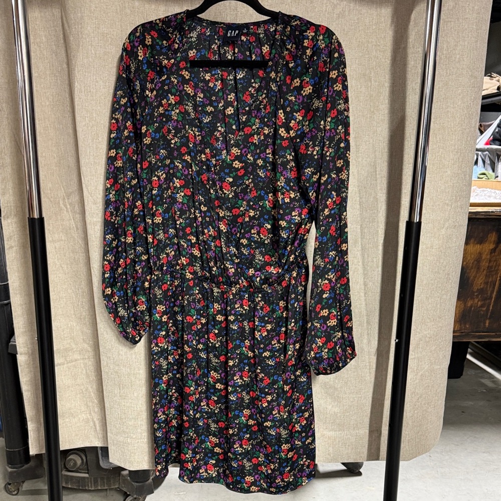 GAP Black Floral Long Sleeve Dress, L